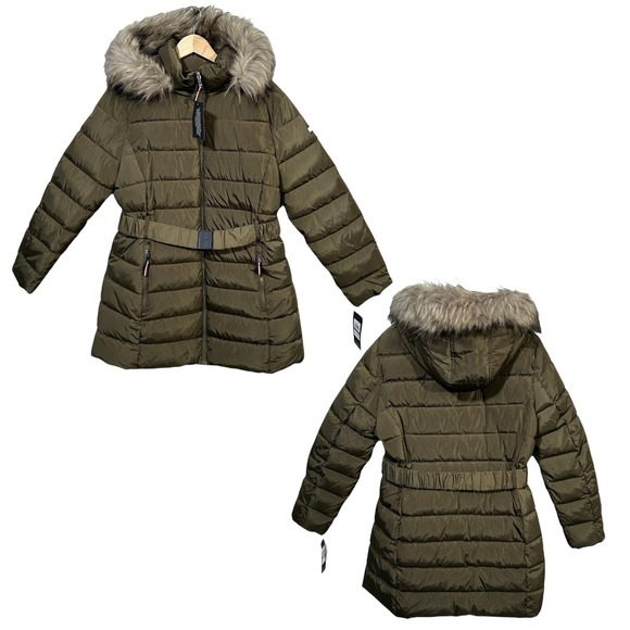 Tommy Hilfiger Jackets & Blazers - Tommy Hilfiger Women's Fur Mid-Length Puffer Hooded Belt Jacket XL Olive Green